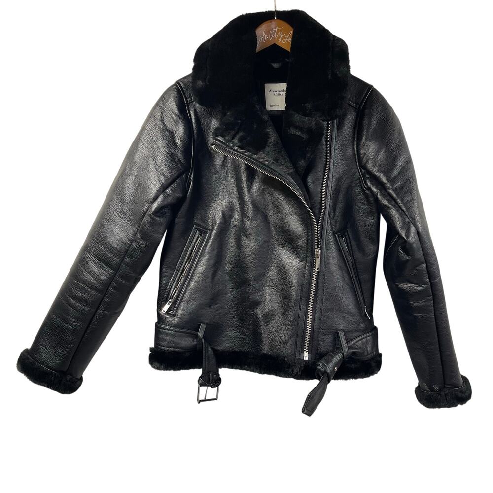 Abercrombie & Fitch Black Moto Jacket S Warm Lined Biker Vegan Leather